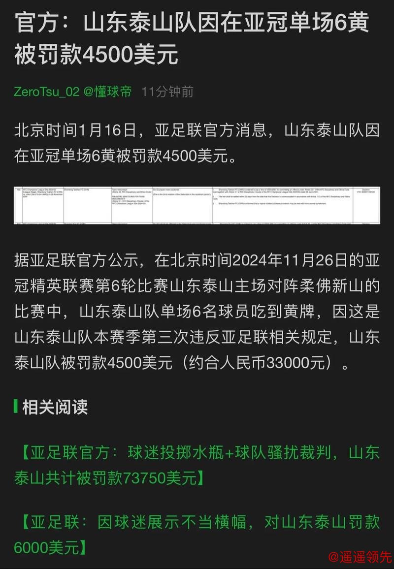 亚足联：山东泰山因亚冠退赛被禁赛两年并罚款